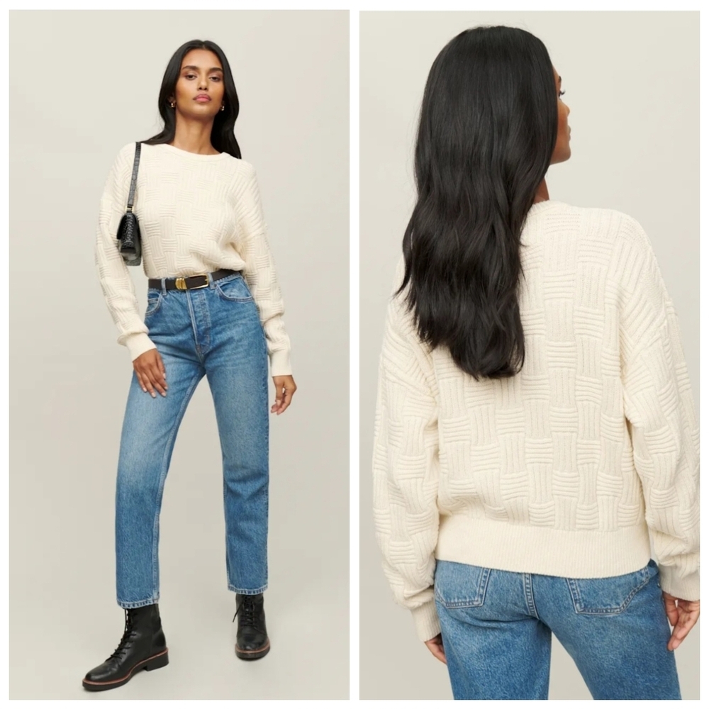Reformation Winnie Basketweave Sweater Cream XS Organic Cotton Textured Knit